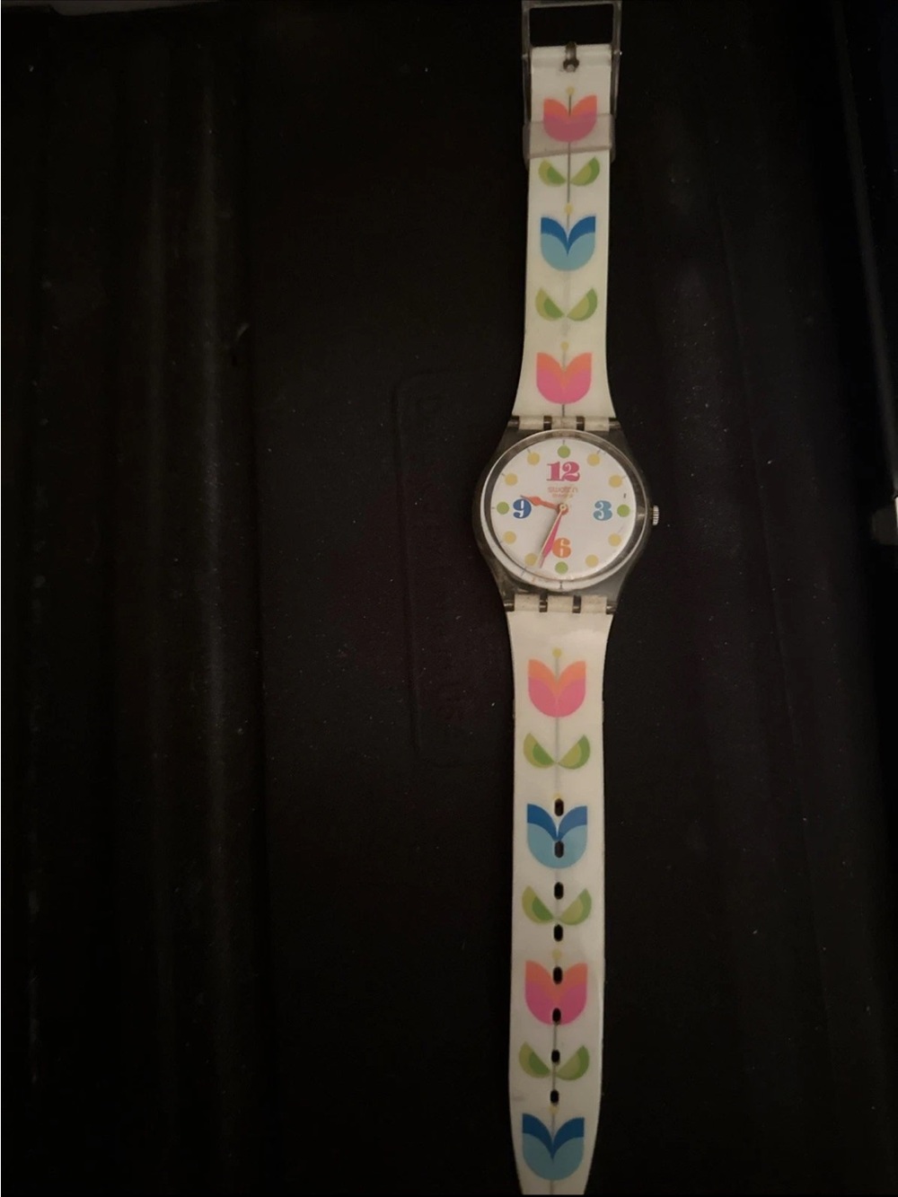 Swatch White Watch with Pink Blue Green Floral Strap